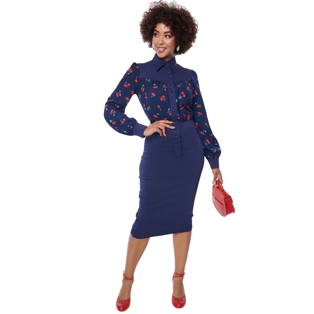 Unique Vintage Navy Blue Cherry Print Long‎ Sleeve Midi Dress Plus Size 2X 18